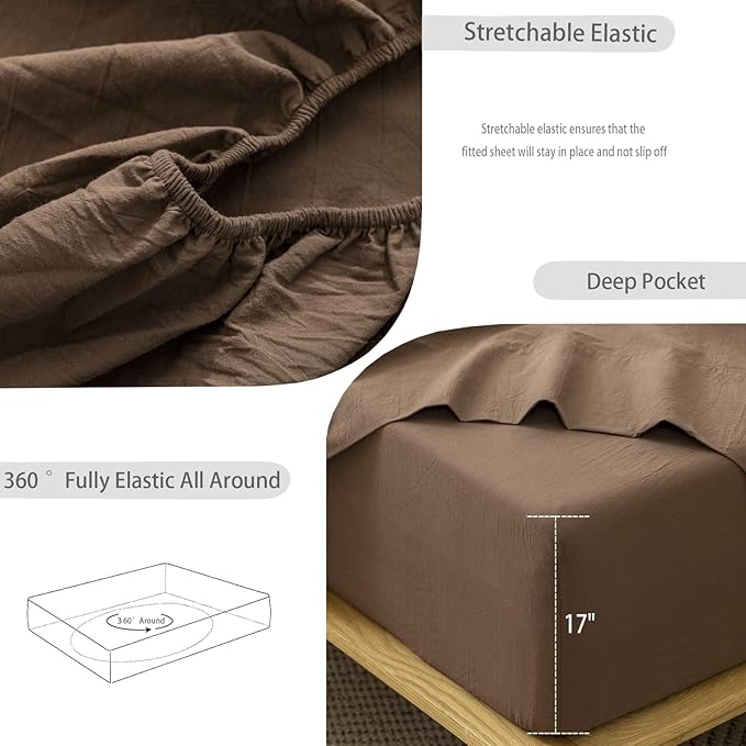 MooMee Fitted Bottom Sheet Only 100% Washed Cotton Linen Like Textured Breathable Durable Soft Comfy Deep Pocket Fits Mattress up to 17" (Cocoa Brown, Twin)