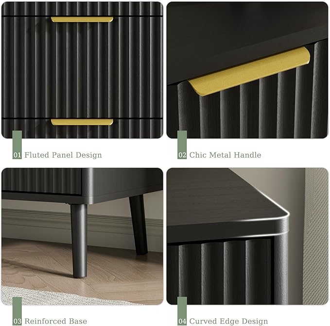 LYNSOM 55" Wide Fluted Dresser for Bedroom with 6 Drawer, Modern Chest of Drawers with Curved Profile Design and Metal Handles, Wood Dresser TV Stand & Storage Organizer for Living Room, Black