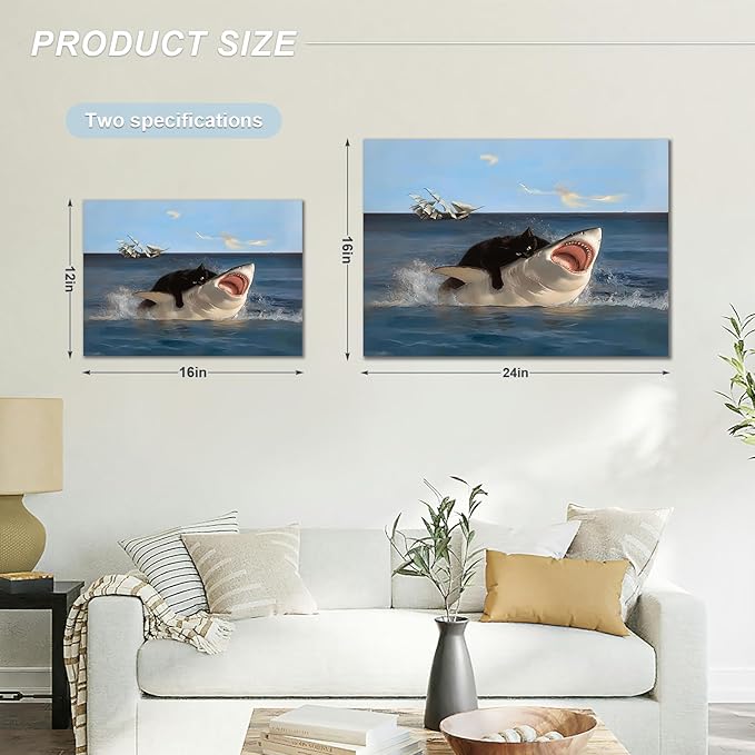 BFKDKG Framed Black Cat Wall Art, Funny Quirky Cat and Shark Pictures Canvas Print, Abstract Black Cat Shark Posters Wall Decor for Room Bedroom Living Room Bathroom 16x24in