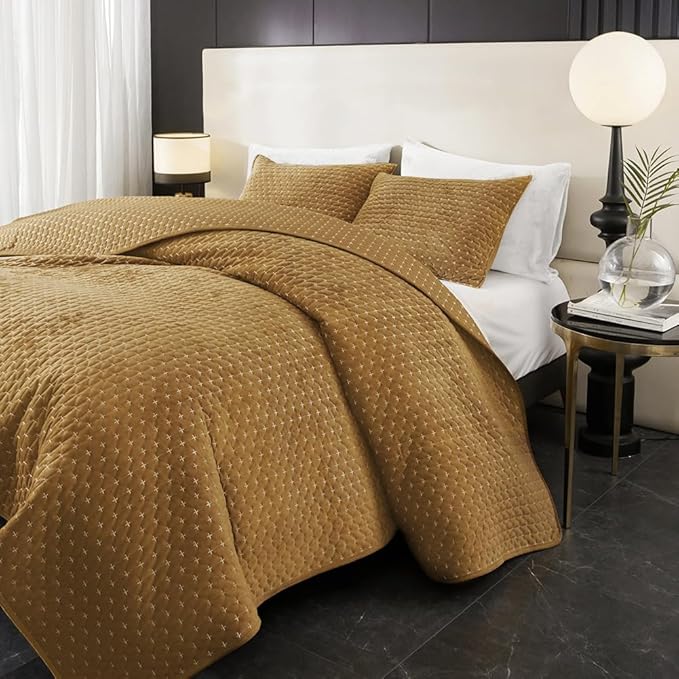 Powdion Velvet Quilt Queen, Oversized Bedspread Quilted Bedding Set, Luxurious Soft Coverlet Set Lightweight Velvet Comforter with 2 Pillow Shams,Brwon, 90x96 Cross Stitch Striped Quilt Queen