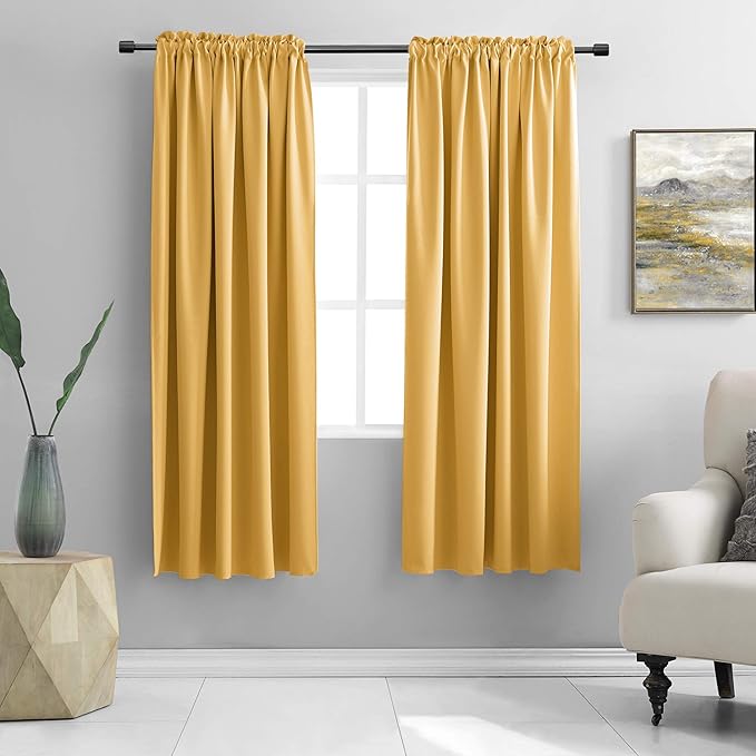 DONREN Gold Yellow Curtains Drapes for Bedroom - Thermal Insulated Room Darkening Rod Pocket Curtain Panels (42 W x 63 L,2 Panels)