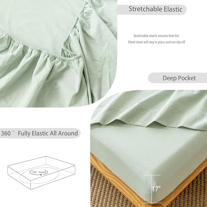 MooMee Fitted Bottom Sheet Only 100% Washed Cotton Linen Like Textured Breathable Durable Soft Comfy Deep Pocket Fits Mattress up to 17" (Sage Green, King)