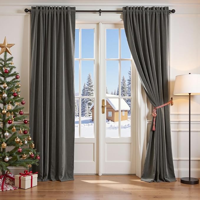 Lazzzy Velvet Blackout Curtains Thermal Insulated Room Window Drapes Super Soft Luxury Curtains for Living Room Bedroom Rod Pocket 2 Panels, Grey, 62" W x 96" L
