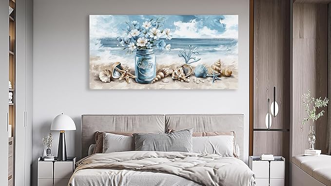 yearainn Coastal Canvas Wall Art - Rustic Jar Flowers Pictures Wall Decor Seashells Seaside Painting Artwork Ocean Landscape Prints for Living Room Bedroom Office Home Decor Ready to Hang 40" x 20"
