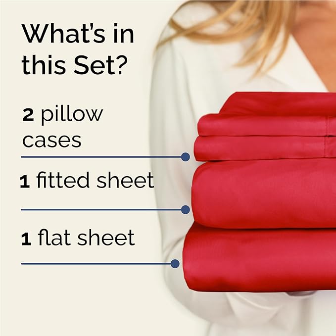 Twin XL 4 Piece Sheet Set - Cooling, Comfy & Breathable - Hotel Luxury Bedding, Includes Fitted Sheet for Women, Men, Kids and Teens - 1 Flat, 1 Fitted Sheet, 2 Pillowcases with Deep Pockets - Red