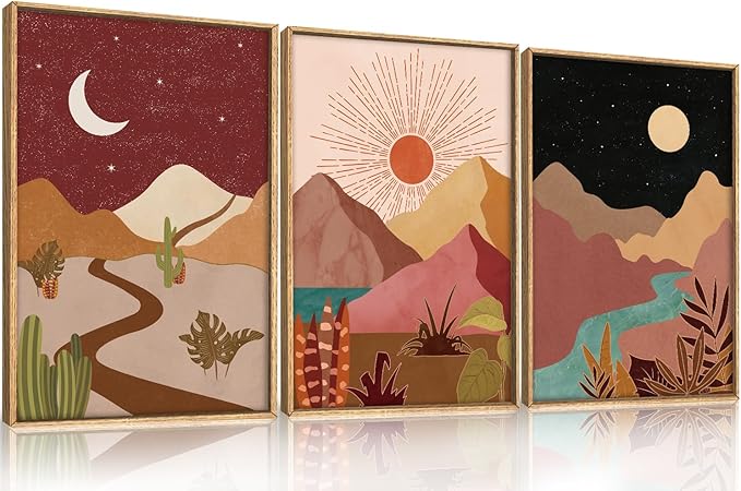 LHIUEM Large Boho Southwest Mountain Framed Canvas Wall Art,Abstract Desert Colorful Wall Decor,Nature Moon and Sun Wall Painting,Bohemian Artwork for Living Room,Bedroom,Dining Room,Office -24"x36"x3