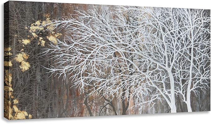 RICHSPACE ARTS Neutral Wall Art for Bedroom Landscape Tree Painting with Gold Foil Modern Rustic Wall Decor (20W*40L)