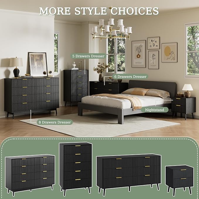 LYNSOM 55" Wide Fluted Dresser for Bedroom with 6 Drawer, Modern Chest of Drawers with Curved Profile Design and Metal Handles, Wood Dresser TV Stand & Storage Organizer for Living Room, Black