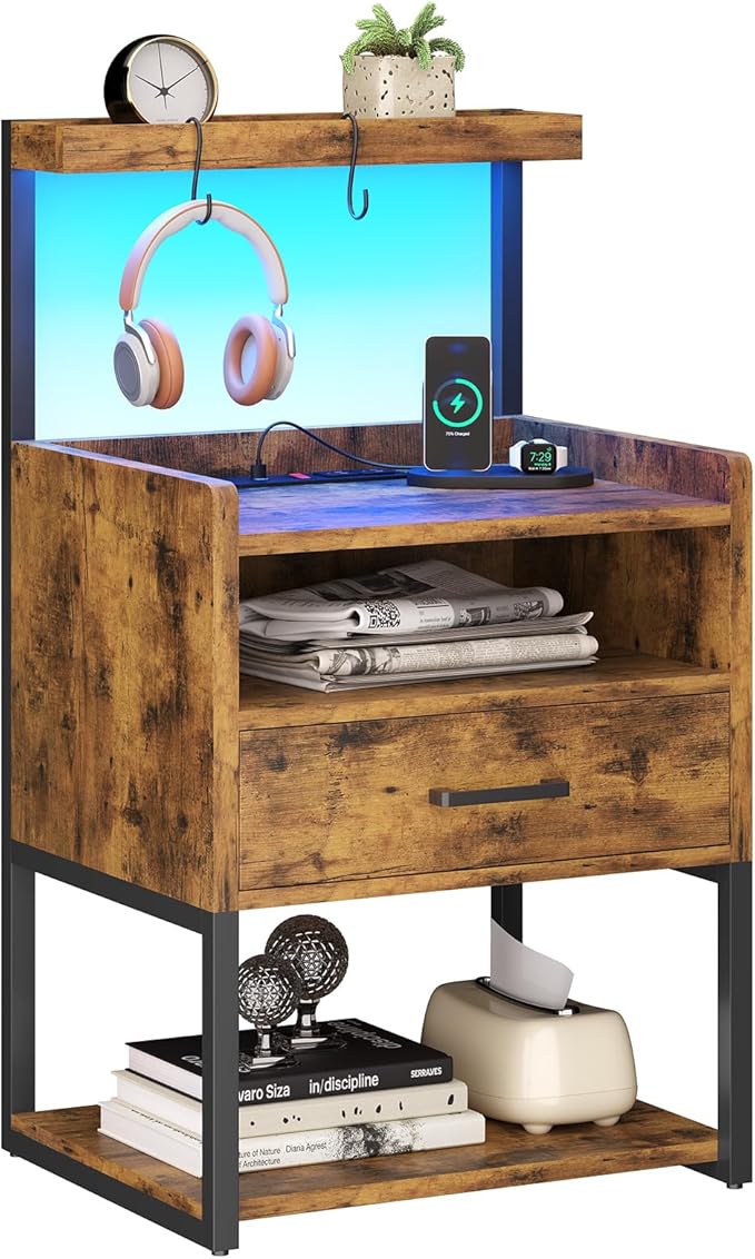 VIAGDO Rustic Brown Nightstands Set of 2 with Charging Station and LED Lights, LED Night Stand Set 2 with Drawer, Rustic End Side Table with Open Storage Shelves, Bedside Tables for Bedroom, Office
