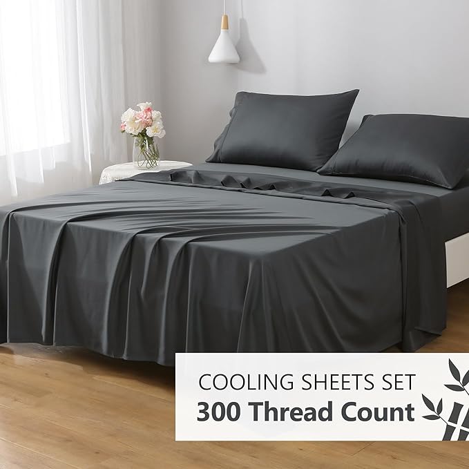 100% Viscose from Bamboo Sheets Set,Viscose from Bamboo Cooling Bed Sheet King Size 4 Pieces Deep Pocket Sheet,Silky Soft,Breathable(Shadow Grey,King)