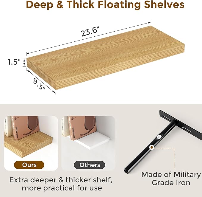 Fun Memories Floating Shelves for Wall, 24 x 9.3 Floating Shelf Wall-Mounted, Rustic Wood Bathroom Shelf Set of 2, Deep Bookshelf Storge Shelves for Living Room, Bedroom, Farmhouse, Oak Color