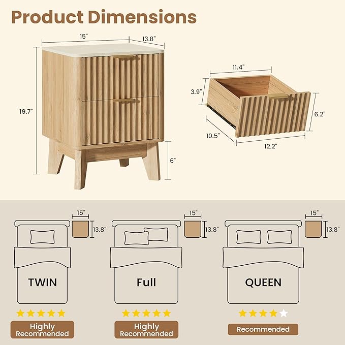 Fluted Nightstand with Faux Marble Top,Modern End Table with Metal Handles,2 Storage Drawers Side Table, Bedside Table for Bedroom,Living Room, Curved Profile Design Furnitue, Natural Oak