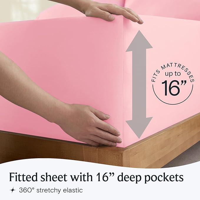 LuxClub 5 PC Split King Sheet Set, Deep Pockets Wrinkle Free Cooling Bed Sheets Hotel Bedding for Women, Men, Includes 1 Fitted Sheet, 1 Flat Sheet and 2 Pillowcases-Baby Pink