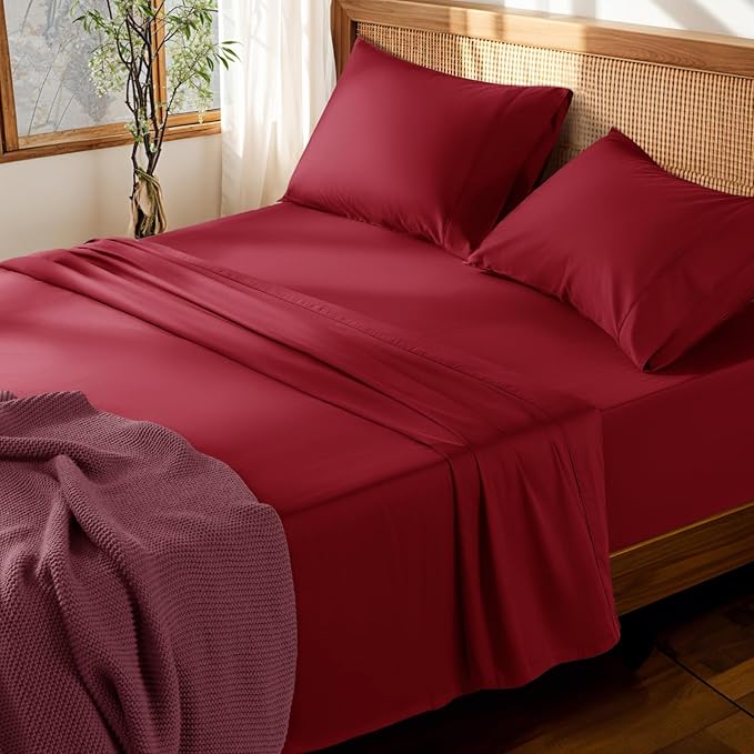 LBRO2M 100% Cotton Sheets Set Deep Pocket 19", 1000 Thread Count King Size 4 Piece Bed Sheet Sets Soft Comfortable Bedding All Season (King, Burgundy)