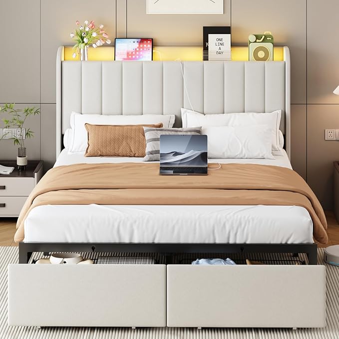 Full Size Bed Frames with Storage Headboard and 2 Drawers, Upholstered Platform Bed Frame Full with Led Lights and Handy Charging Station, No Box Spring Needed, Easy Assembly, Noise Free, Beige