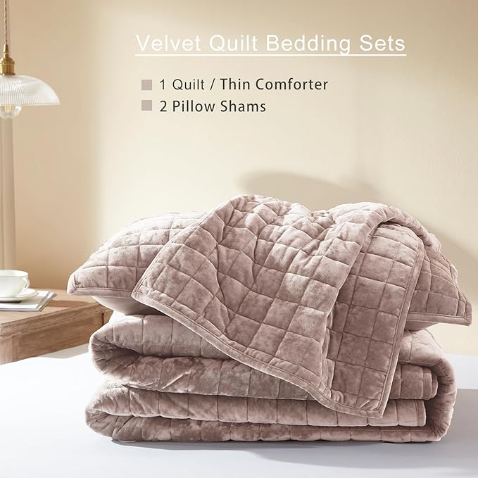 LEAONME Velvet Quilt King Size-98''x106'', Lightweight Dusty Pink Comforter Set with 2 Pillow Shams, Soft Bedspread Coverlet Quilted Bedding Set for All Season