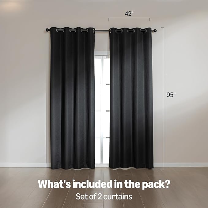 Amazon Basics Faux Linen Blackout Curtains for Bedroom and Living Room, 2-Piece Set with Grommets, 42" W x 95" L, Black