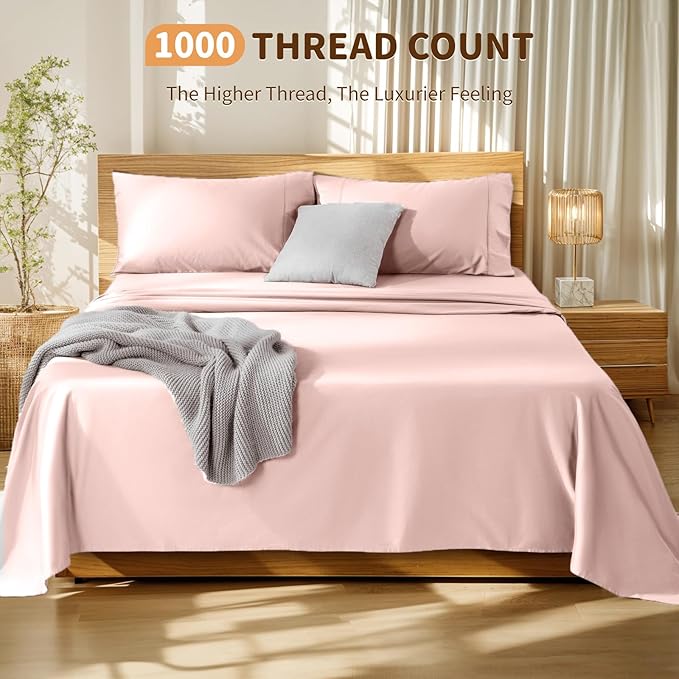 LBRO2M 100% Cotton Sheets Set Deep Pocket 19", 1000 Thread Count California King Size 4 Piece Bed Sheet Sets Soft Comfortable Bedding All Season (California King, Pink)