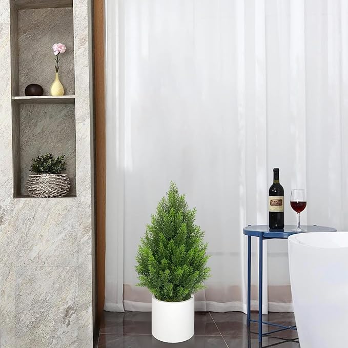 Briful 27” Artificial Cedar Topiary Tree in White Planter – Realistic Faux Evergreen Floor Plant with Layered Leaves, Decorative Indoor Outdoor Potted Shrub for Home, Office, Patio, Porch