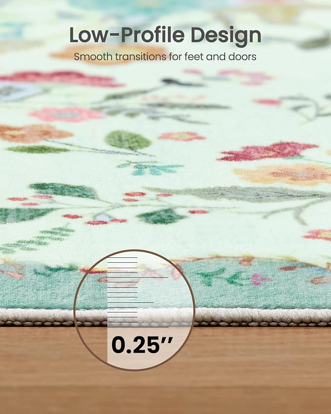Amada 6x9 Area Rugs, Non-Slip & Low-Profile Living Room Rug with Reinforced Edge Binding, Soft Large Washable Boho Floral Rugs for Living Room, Bedroom, Dining Room