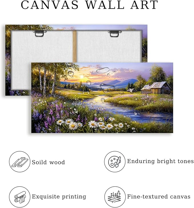 SERIMINO Large Wall Art Prints, Rural Landscape Wall Decor, Meadow Wildflower Canvas Painting, River Cottage Pictures Home Decor Living Room Bedroom, Green Scenery Farmhouse Decor Artwork 20"X40"