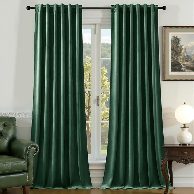 Velvet Curtains 108 Inches Long for Bedroom, Luxury Room Darkening Thermal Insulated Blackout Curtains Luxury Window Drapes for Living Room, Back Tab Rod Pocket, Dark Green, W52 x L108, 2 Panels