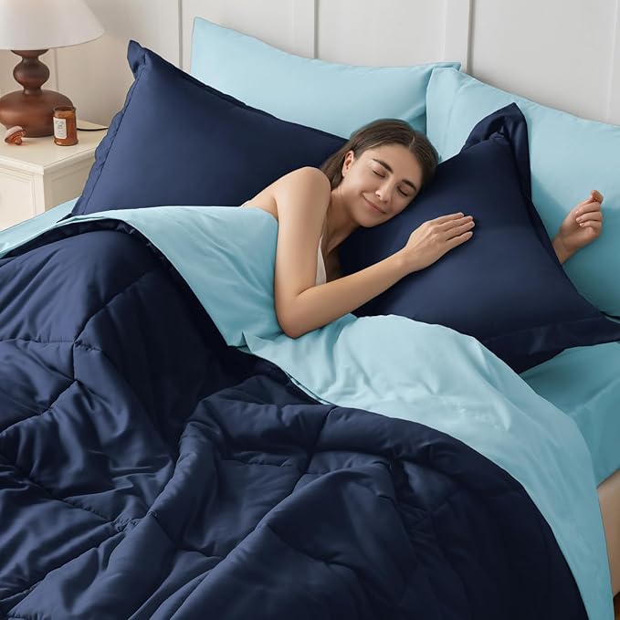 JOLLYVOGUE California King Comforter Set, Ultra-Soft Bed in a Bag Cal King Size 7 Pieces, Oeko-TEX Certified Bedding Set With Down Alternative Comforter, Sheets, Pillowcases & Shams, Navy & Light Blue