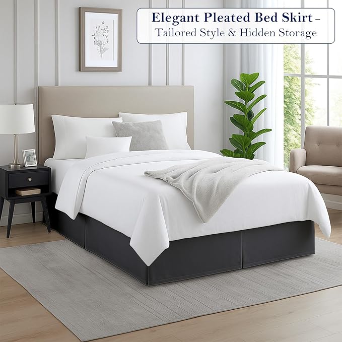 Full Bed Skirt, Luxury 15 Inch Drop Dark Grey Pleated Bed Skirt, Double Brushed Microfiber, Box Pleat Design, Wrinkle & Fade Resistant, Easy Fit Tailored Bedskirt for Full Size Beds