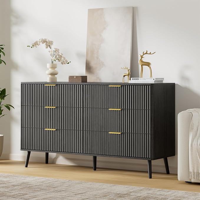 LYNSOM 55" Wide Fluted Dresser for Bedroom with 6 Drawer, Modern Chest of Drawers with Curved Profile Design and Metal Handles, Wood Dresser TV Stand & Storage Organizer for Living Room, Black
