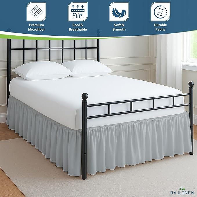 Rajlinen Ruffled Bed Skirt King, 8 Inch Drop Dust Ruffle with Split Corners, 100% Microfiber Bedskirt with Platform, Three-Sided Coverage Ruffled Gathering Design, Light Grey