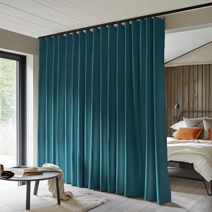 Room Divider Curtains Total Blackout Privacy Curtain Panel Room Thermal Insulated Noise Reduction Curtains for Bedroom Window Living Room Ceiling Track Curtain W 10 ft × H 8 ft Azure Blue