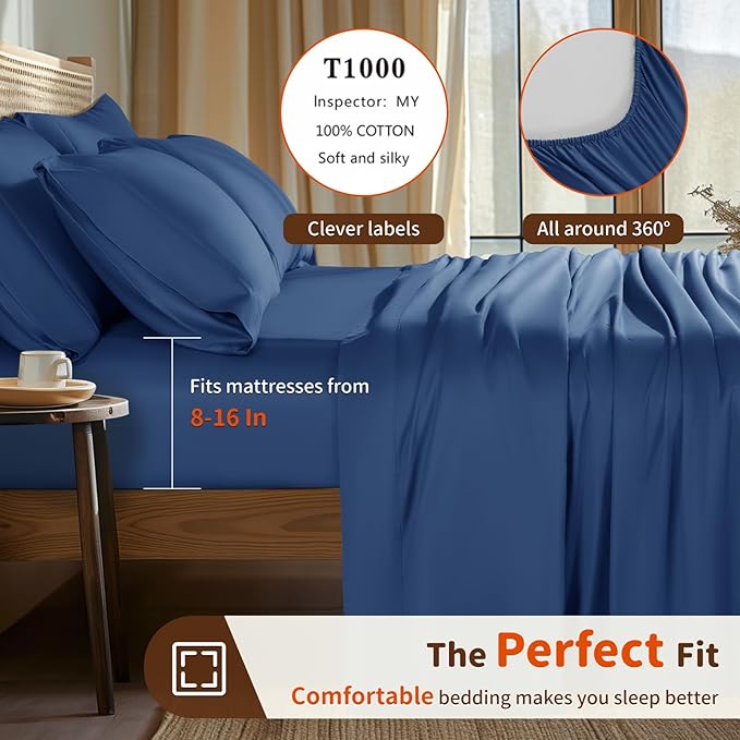 LBRO2M 1000 Thread Count 100% Egyptian Cotton Sheets Set 6 Piece Sets California King Bed Sheet Deep Pocket Sheet Set 16" Soft Comfortable All Season (California King, Navy Blue)