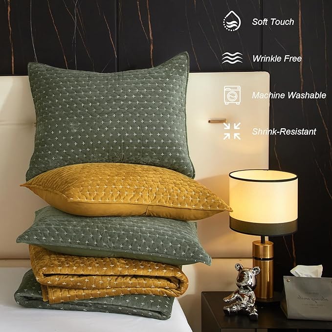 Powdion Velvet Quilt Queen Size, Oversized Bedspread Quilted Bedding Set, Luxurious Soft Coverlet Set Lightweight Velvet Comforter for All Season with Pillow Shams 90x96 Army Green Striped Queen