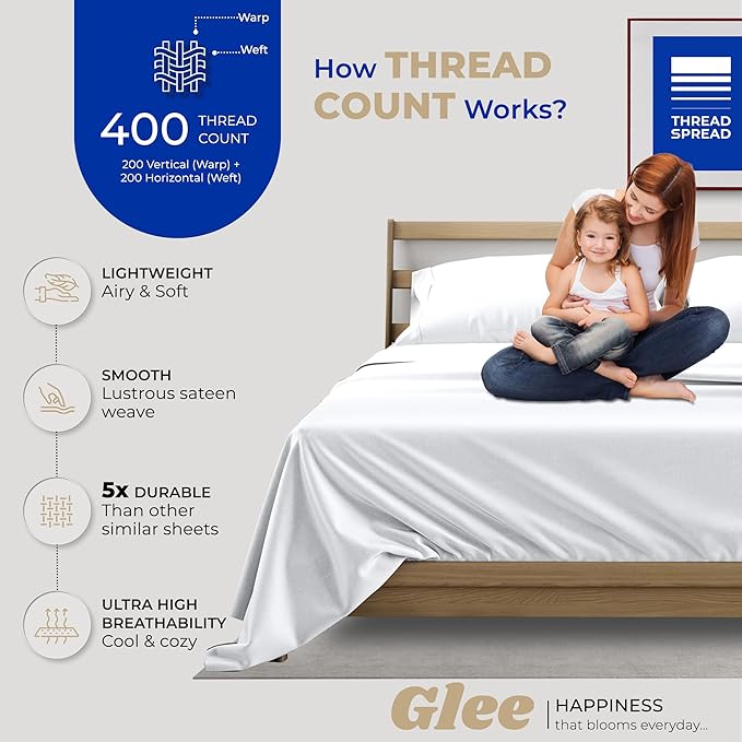THREAD SPREAD 2-Pack Queen Size Sheets Set - 400 Thread Count 100% Cotton Sateen Weave - Extra Soft, Breathable, Hotel Quality Cooling Sheets, 2 Sets of Queen Size Deep Pocket Bed Sheets (White)