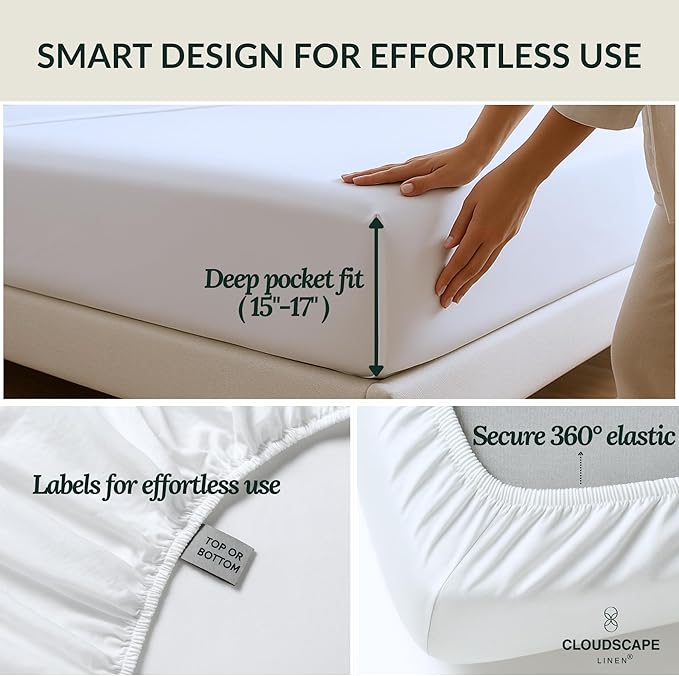 Cloud Scape Linen 100% Egyptian Cotton Split King Sheet Set for Adjustable Bed,400 Thread Count, 5 Pcs Bedding Set, Soft, Breathable and Durable, Deep Pockets up to 17, White