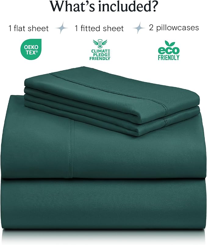 LuxClub 4 PC Full Sheet Set, Deep Pockets Wrinkle Free Cooling Bed Sheets Hotel Bedding for Women, Men, Kids & Teens, Includes 1 Fitted Sheet, 1 Flat Sheet and 2 Pillowcases-Soft Emerald