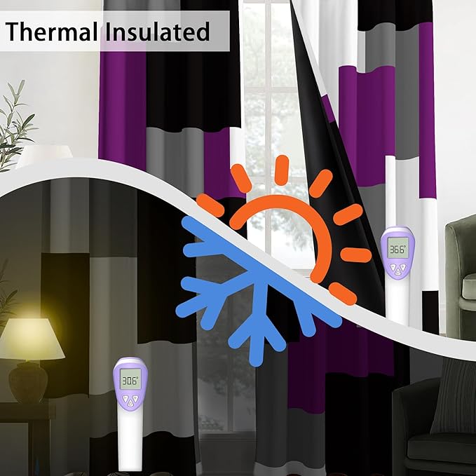 Purple 100% Blackout Curtains for Bedroom 84 inch Length 2 Panels Set Grey Modern Abstract Geometric Black Out Curtains Insulated Room Darkening Window Drapes for Living Room, 42Wx84L