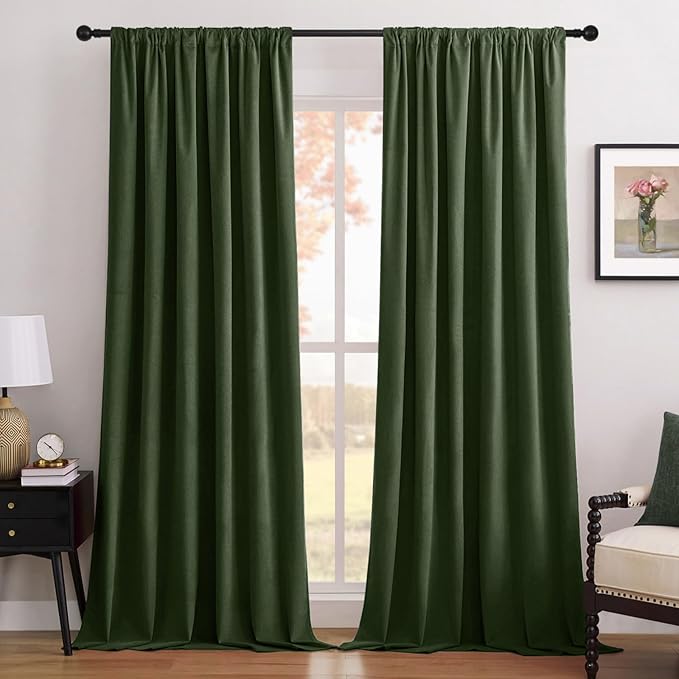 Joydeco Olive Green 100% Blackout Curtains 102 Inch 2 Panels, Luxury Thermal Green Velvet Curtains for Bedroom Living Room, Soundproof Blackout Window Drapes, Rod Pocket & Back Tab (52W x 102L)