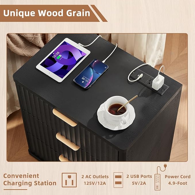 LEYAOYAO Fluted Dressers & Nightstand Set of 3, Wood 48" Wide Dresser & 42" Tall Chest of Drawers,Modern Bedroom Furniture Sets, Black Wooden Nightstand with 3 Drawers & Charging Station