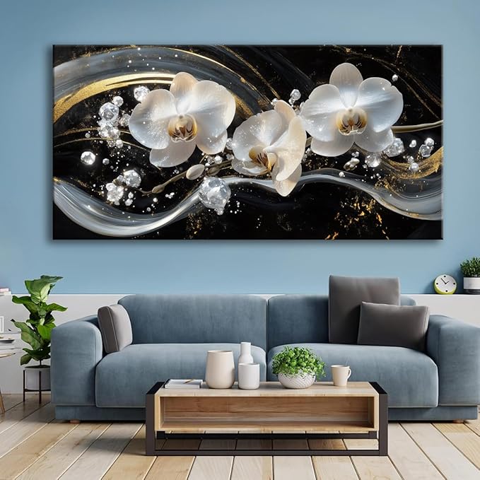 White Orchid Canvas Wall Art - Modern Floral Picture for Living Room, Bedroom Wall Decor, Framed Wall Art for Home Decoration, Elegant Flower Paintings Ready to Hang, Large Wall Art 50x100cm(20x40in)
