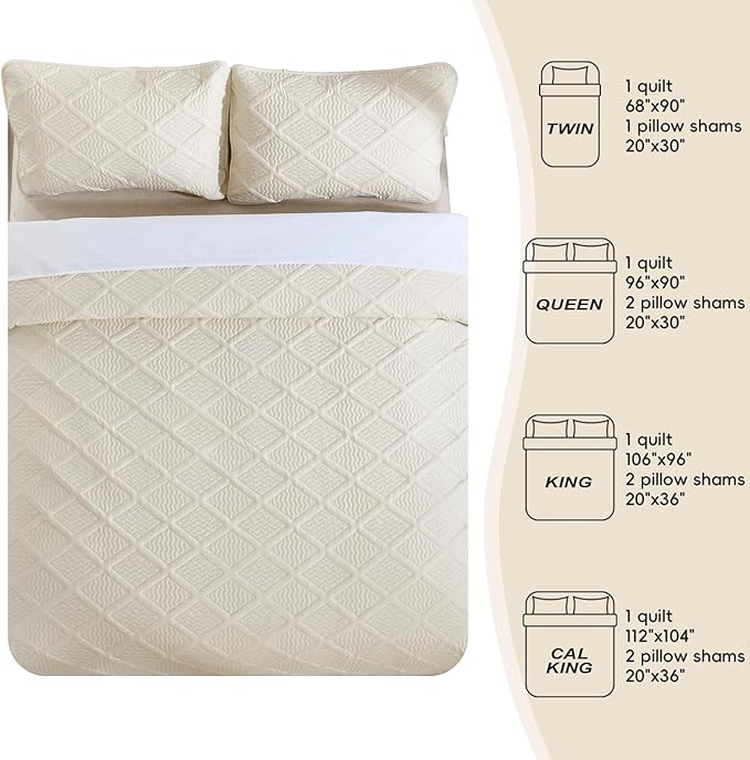 Yiran California King Size Beige Quilt Set Lightweight Oversized Bedspread Ultrasonic Diamond Pattern Soft Microfiber Summer Coverlet Modern Style 3 Piece with 2 Shams (112x104 inch)