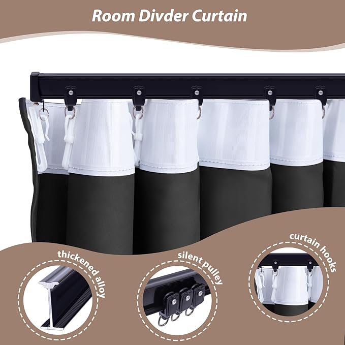 Room Divider Curtains with Ceiling Curtain Track Set Window Curtain for Bedroom,Living Room Total Blackout Thermal Insulated Privacy Ceiling Track Curtain W 6 × H 6 FT Beige drape&Black track