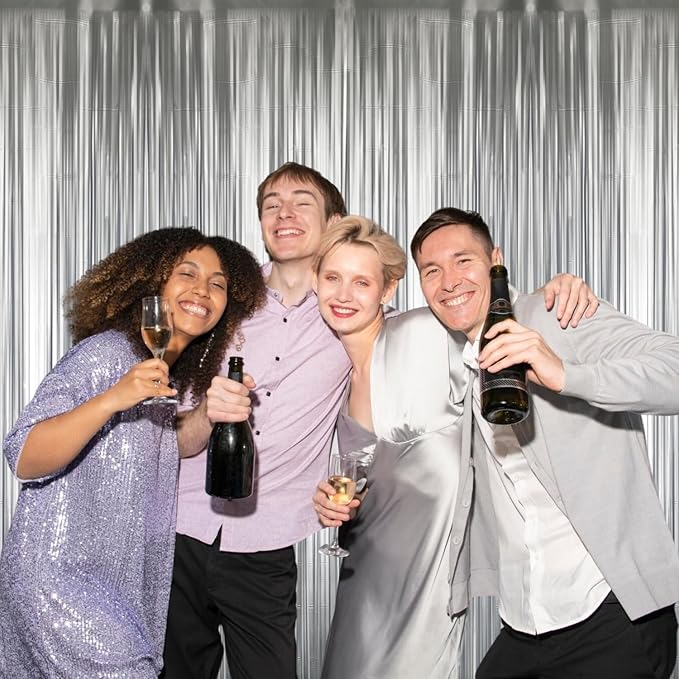GOER 3.2 ft x 8.2 ft Metallic Tinsel Foil Fringe Curtains,Party Streamer Backdrop for Birthday,Graduation Decorations and New Year Eve (2 Pcs,Matte Silver,Thick Material)
