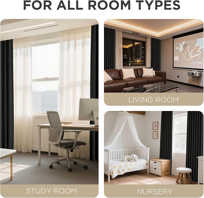 Joydeco Blackout Curtains for Bedroom - 63 Inch Long 100% Light Blocking 2 Panels Set Black Drapes, Thermal Insulated Room Darkening Curtains, Linen Textured for Living Room, Rod Pocket & Back Tabs