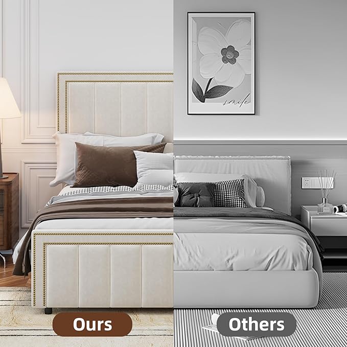 BarnFurin Queen Bed Frame with 50" Tall Headboard and Footboard, Chenille Upholstered Platform Bed, Vertical Channel Tufting with Nailhead Trim, No Box Spring Needed, Easy Assembly, Beige