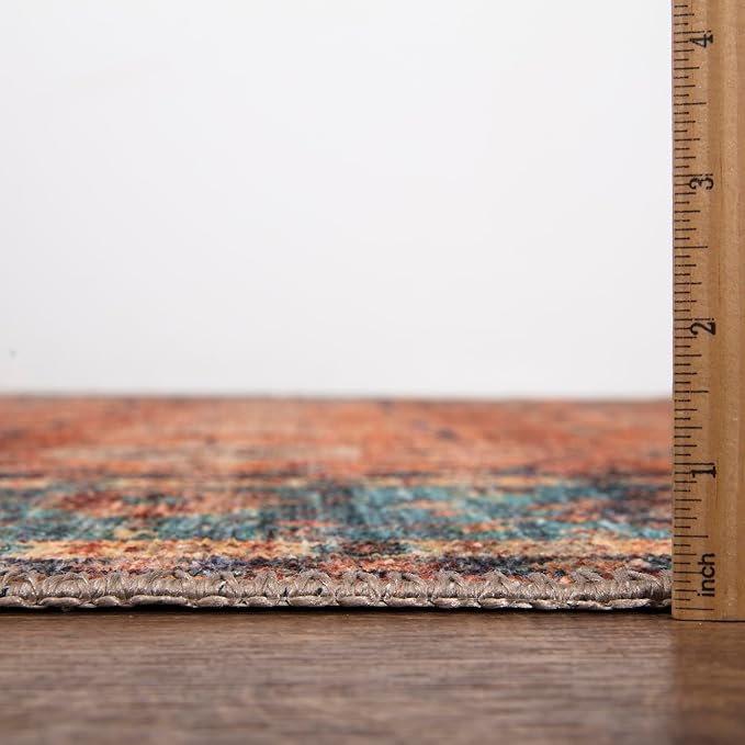 Bloom Rugs Washable Non-Slip 3' x 5' Rug - Orange/Teal Blue Traditional Bordered Area Rug for Living Room, Bedroom, Dining Room, and Kitchen - Exact Size: 3' x 5'