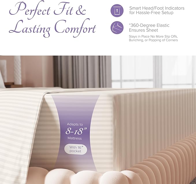 Carressa Linen Striped Egyptian Cotton Sheets Twin XL Size - 600 Thread Count 3 PC Damask Twin XL Sheets Deep Pockets, Sateen Weave College Dorm Bedding Twin XL, Fits Mattress Upto 18" - Ivory