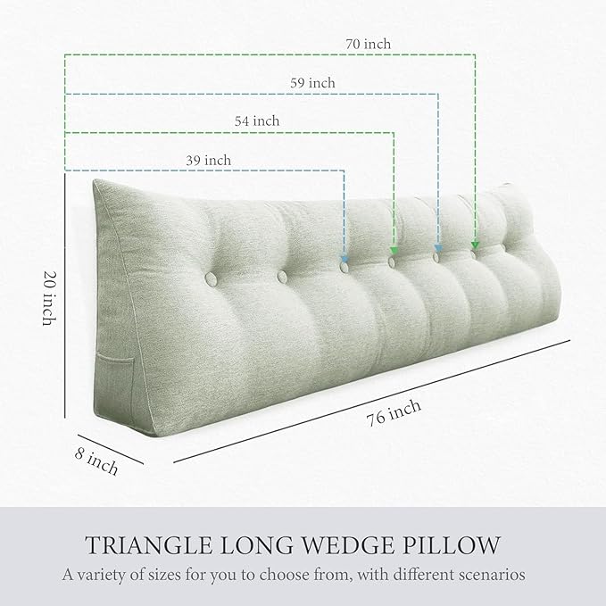 homecozy Wedge Headboard Pillow Dorm Room Reading Pillow Back Support for Sitting Up in Bed Bolster Lumbar Cushion Body Positioning Bedrest Cotton Linen 39in Grey-Beige Twin