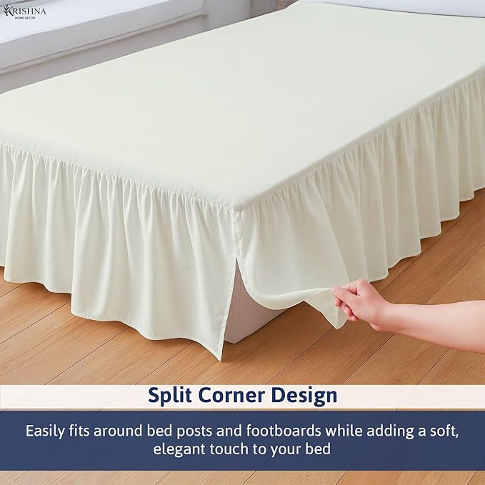 KRISHNA Ruffled Bed Skirt with Split Corners Twin, 100% Microfiber Hotel Quality, 18 Inch Drop Dust Ruffle Gathered Bedskirt with Platform, 39" x 75", Ivory
