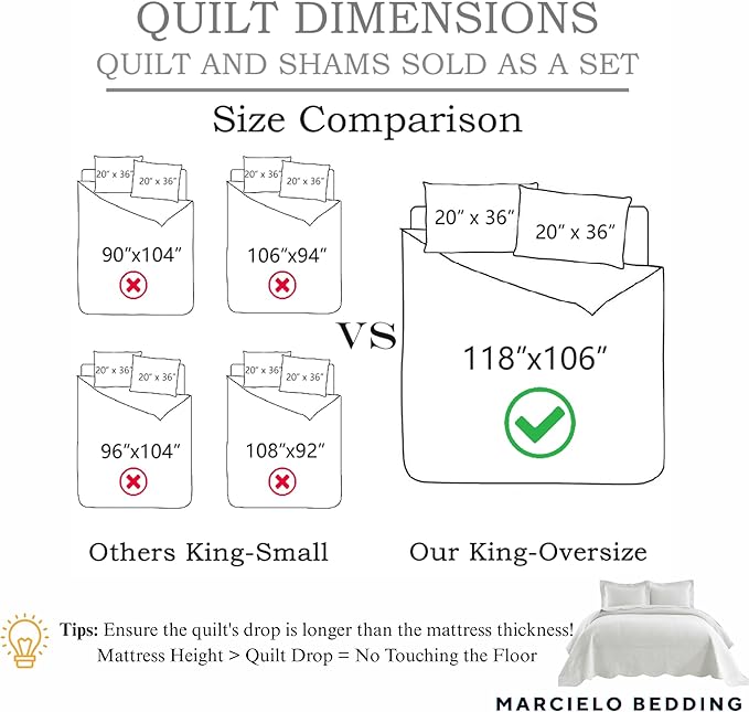 MarCielo 3-Piece 100% Cotton Oversized Bedspread Lightweight Quilt Coverlet Embroidery Farmhouse Bedding Set T0 (Bright White, Oversized King (118"x106"))